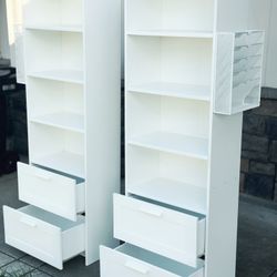 IKEA 2 Bookcases with shelves with Drawers  + 2 file Baskets + desk top
