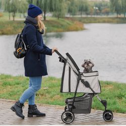 Dog Stroller, Pet Stroller for Small Dogs Cats, Up to 33 LBS with Storage Basket & Cup Holder, Grey
