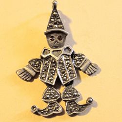 Art Deco Sterling Silver and Marcasite Articulated Clown Pendant 