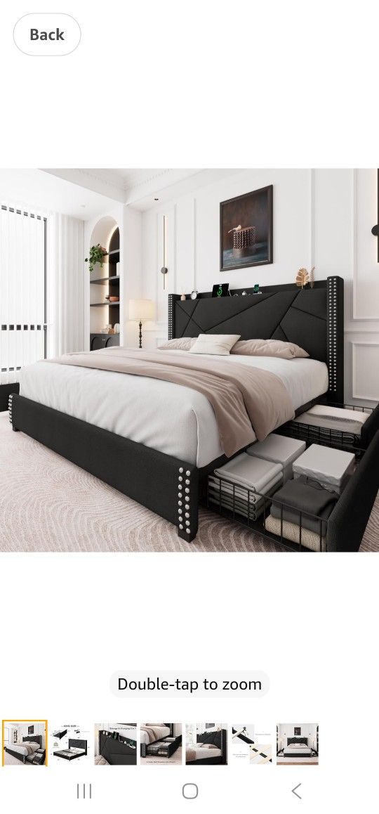 Feonase Upholstered Storage Bed Frame Queen Size with 4 Drawers, Platform Bed with Charging Station & Wingback Headboard, Solid Wood Slats Support,