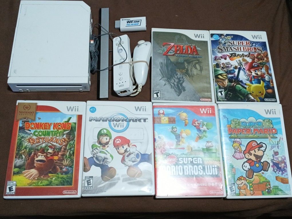 Nintendo Wii With HDMI Adapter And 6 Games