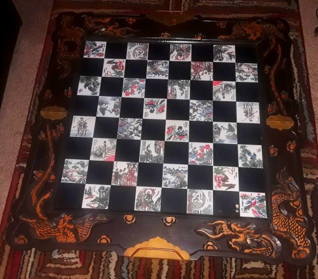 Vintage Folding Chinese Chess Set - Carved Intricate Board & Pieces
