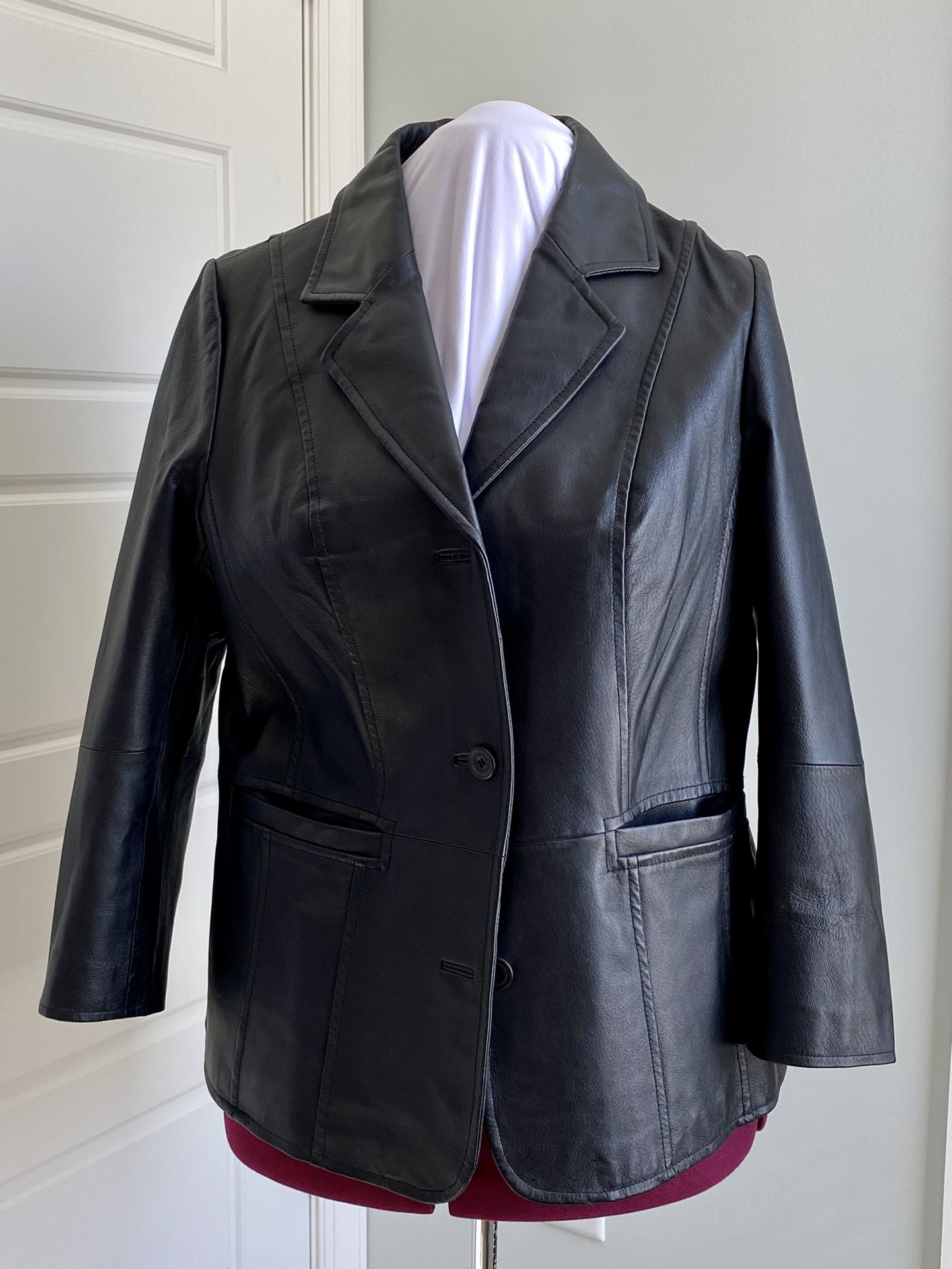 Women's Maggie Barnes Black Leather Button Front Jacket Coat 0X 14/16