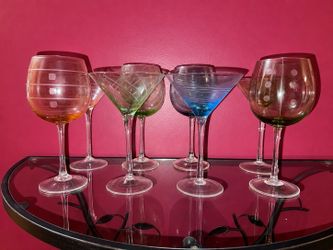 Frosted Etched Colored Cocktail Glass Set: 8 Pieces (Wine & Martini Style)