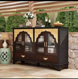 Dark Brown with Gold Accents Wood Buffet Sideboard with Glass Doors, 2 Drawers, Decorative Carving🌱