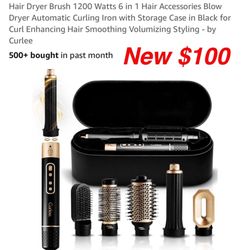 New Curlee Hair Dryer Brush 1200 Watts 6 in 1 Hair Accessories Blow Dryer Automatic Curling Iron with Storage Case in Black for Curl Enhancing Hair Sm