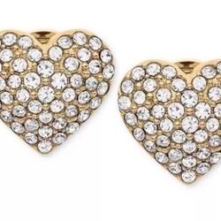 Gold designer Michael KORS Swarovski pave Crystal Heart stud earrings NWOT