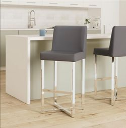 Pair Of Gray Faux Leather Bar Height Bar Stool Chairs With Chrome Base