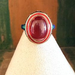 Vintage Cloisonné Enamel Cocktail Ring with Red Cabochon