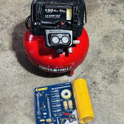 Porter Cable 6 Gallon 150 PSI Air Compressor Electric Oil Free W/ NEW 25pc Air Hose Attachment Kit 