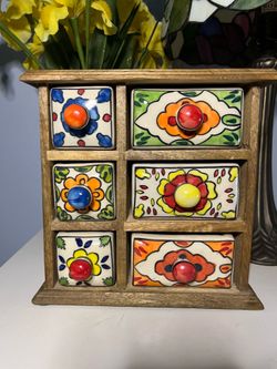 Boho Hand-Painted Ceramic Drawer Cabinet | 6 Drawer Storage Organizer