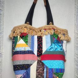 Bag Tote Fabric Shoulder Two Straps Patchwork Tassels Lined One Of A Kind Original 