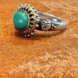 Vintage rare Barbara Bixby 925 Sterling Silver & 18K Yellow Gold  “Sleeping Beauty” Turquoise Ring