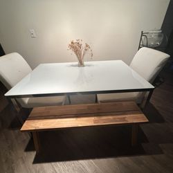 IKEA TORSBY GLASS DINING ROOM TABLE | 2 BERGMUND WHITE ON OAK CHAIRS | 1 SKOGSTA ACACIA BENCH