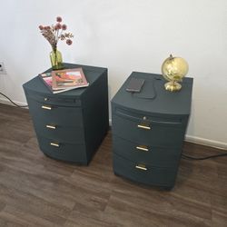 Professionally Refinished Nightstands each have 2 power oulets and a USB charging port