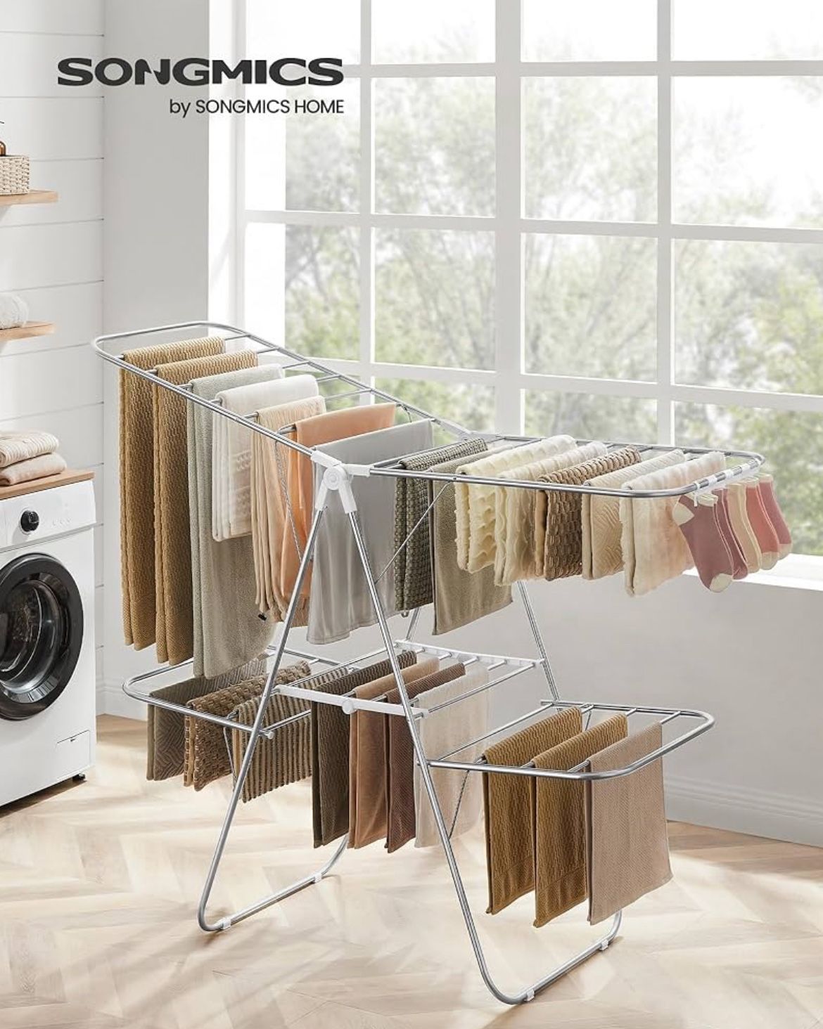 SONGMICS 2-Level Clothes Airer Foldable Clothes Drying Rack with Adjustable Wings - Silver / White