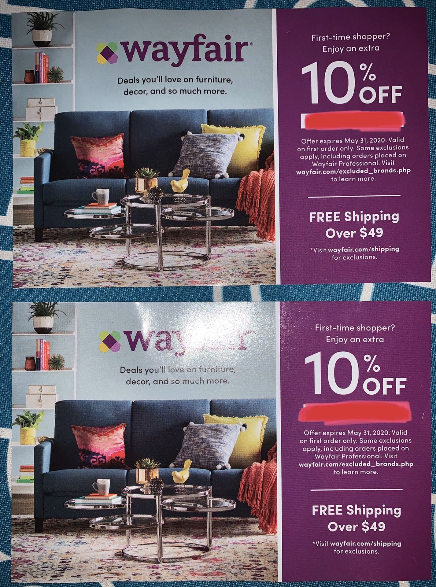 2 Brand new Wayfair coupons, 10% off, expires May 31, 2020