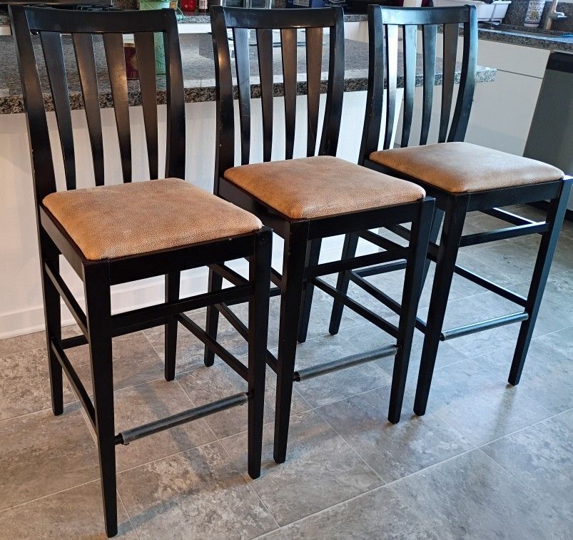 Black Barstool Chairs, Tan Suede Fabric, Wooden Frame, Set of 3, Bar Table, Pub Table, Kitchen Island, 29" Seat Height
