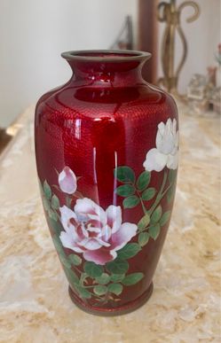 Vintage Red Cloisonné 7.25” Flower Vase With Roses