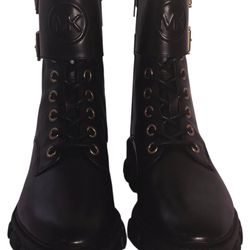 Michael Kors Black Leather Combat Boots Gold Hardware Lug Sole Moto Size 8