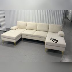 Off-white Fluffy Fabric U-shaped 3-Piece Living Room Sofa set