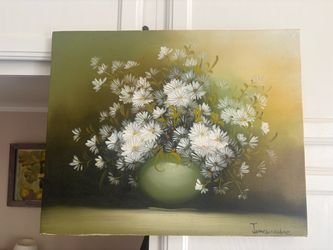 James Noble Hand Painted and Signed Daisy Floral Oil Painting on Canvas
