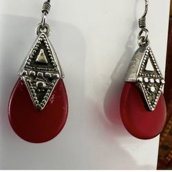 Sterling Silver Red Frosted Glass Drop Earrings