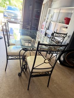 Heavy Wrought Iron Dining Set – Glass Table + 6 Chairs