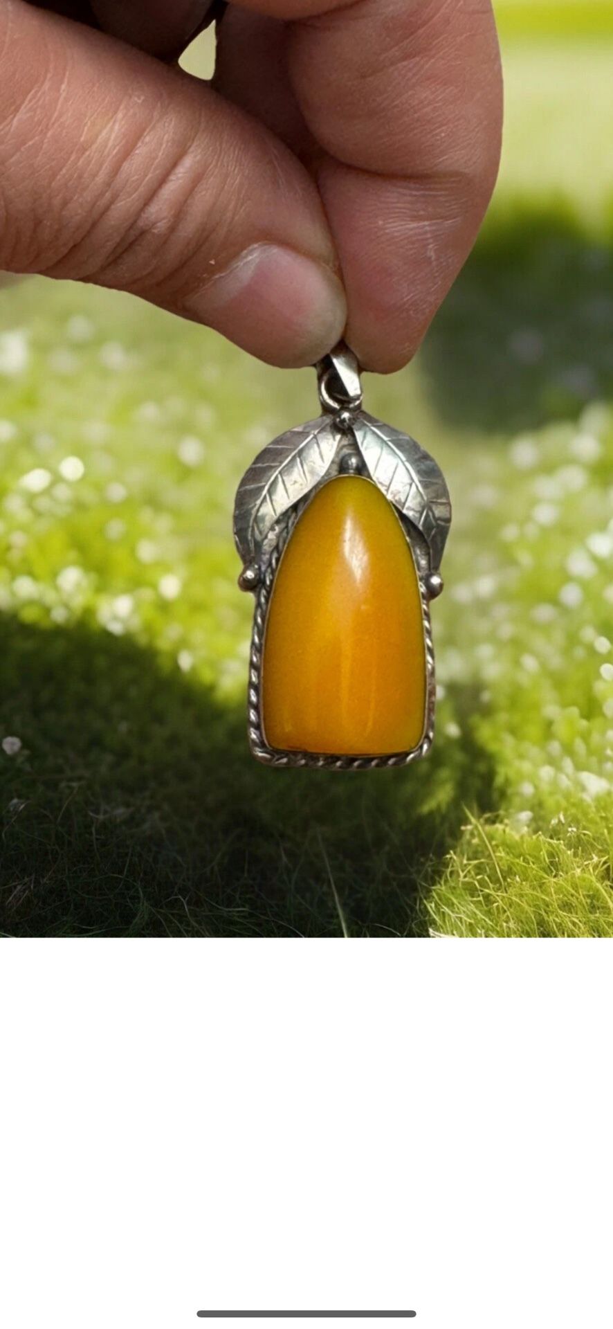 Vintage & Handcrafted Mango Shape Amber Bakelite Pendant Set In Silver 2”inch & 6.47grams.