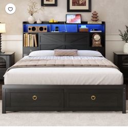 Queen Farmhouse Wood Bed Frame with Storage Headboard and 4 Drawers, LED Light & Charging Station, Metal Slats, Noise Free, Rustic Black