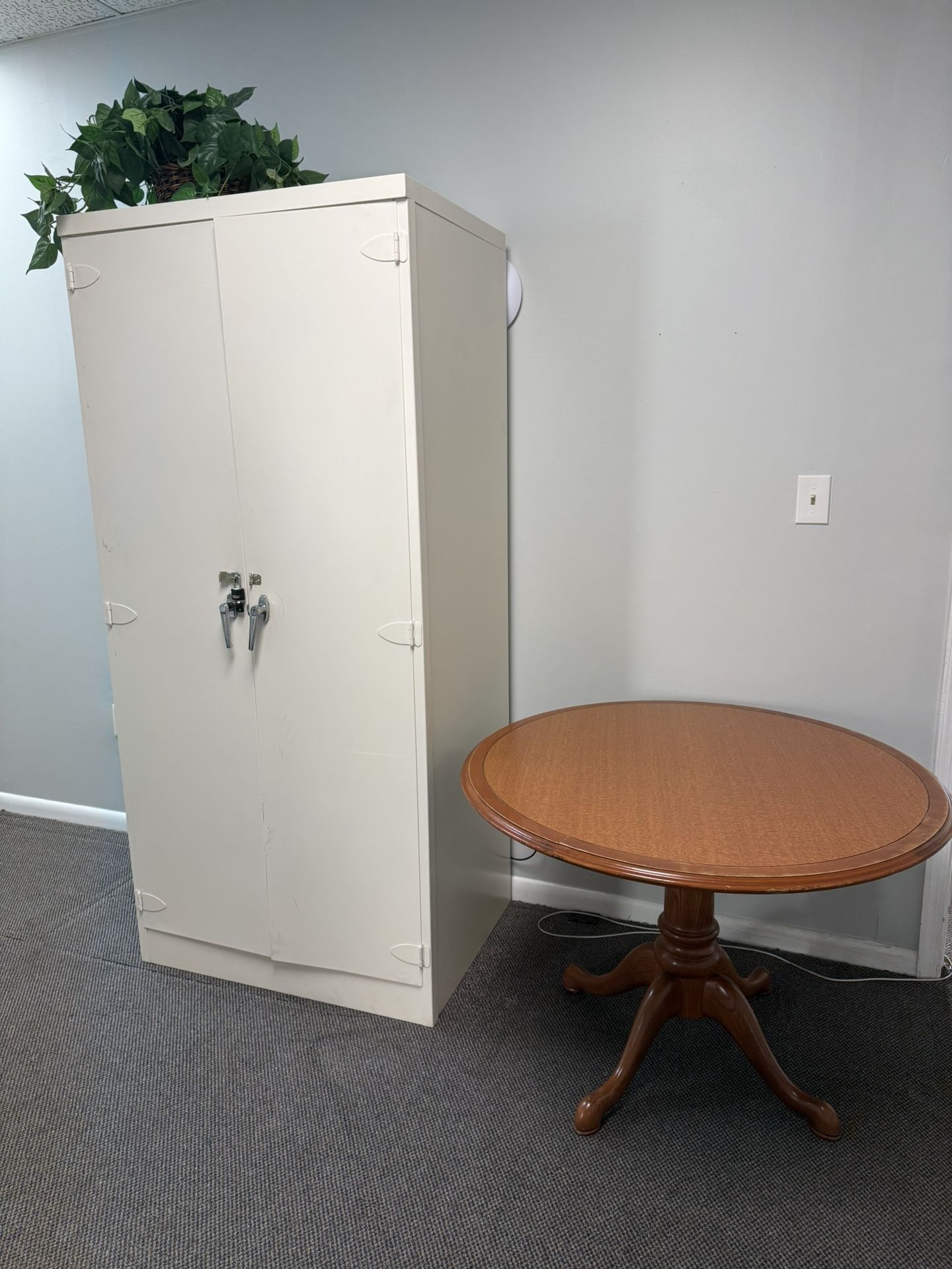 Metal Storage Cabinet With Shelves And Wood Table 