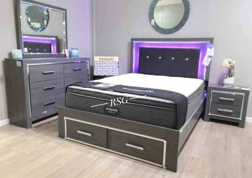 LED Light , Storage Drawers Bedroom Furniture Set 🌟 Queen King Size Bed, Dresser, Mirror, Nightstand, Chest, Mattress