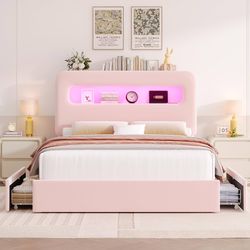 Queen Size LED Bed Frame with Storage Headboard and Charging Station, Girls Bed Frame with 2 Drawers and USB Ports, Velvet Upholstered Platform Bed Fr