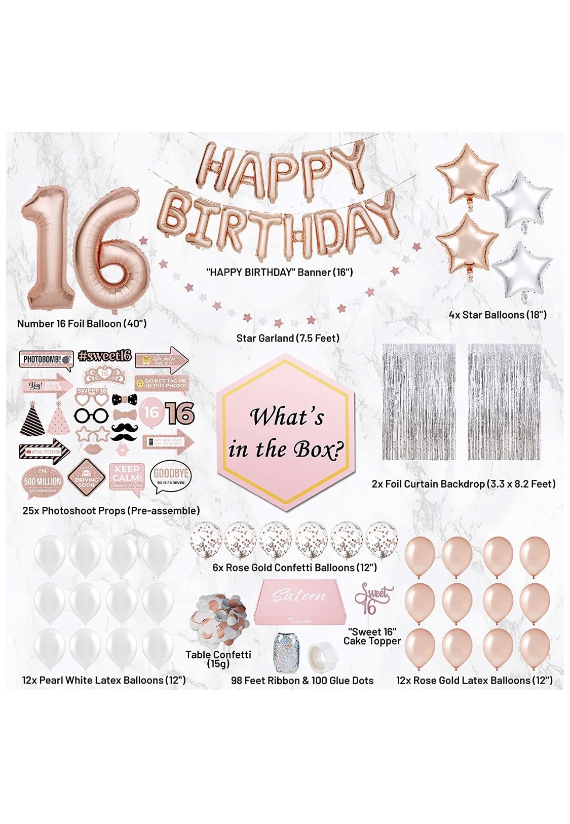 Free shipping-Sweet 16 Party Supplies WITH Photo Booth Backdrop and Props –Rose Gold Sweet 16 Decorations – 16th Birthday Party Supplies WITH Happy B