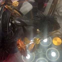 BCTEX Collection feather-trim ankle-strap heel