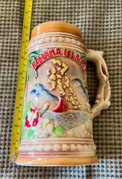 Embossed Painted Nautical Pirate Ship Bahama Islands Ceramic Porcelain Mug 7.5in