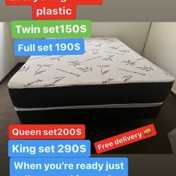 Huge sale for Mattress And Box Twin size mattress and box 150.$ full 190$ Queen 200$ king 290$. Mattress And Box and frame and headboard. King 580$ Qu