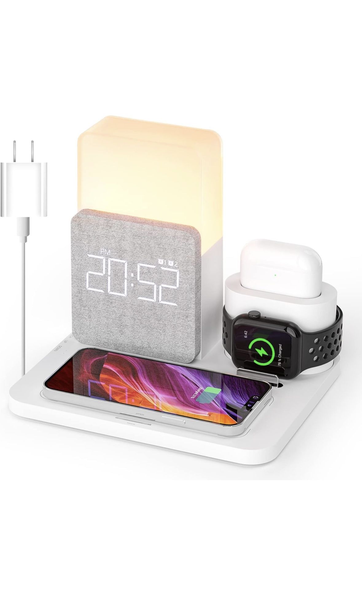 Wireless Charging Station, 7 in 1 Charging Station, Alarm Clock with Wireless Charger, Night Light