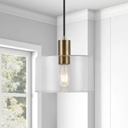 ONE 1-light single drum pendant light fixture in brass with clear shade. Adjustable height and Dimmable. 8.63” H x 10” W x 10” D. Height 12”-108”. MSR