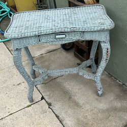 Antique? 1930s? Beautiful Rattan Desk with Sumptuous Curves in Robin’s Egg Blue: 