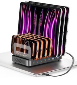288W GaN 8-Port USB C Charging Station, Built-in 1 Retractable Fast Charging Cable & Detachable Organizer, Desktop Charger Hub for MacBook, iPhone, iP