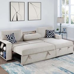 Furniture Sale! 2-Piece Convertible Sectional Sleeper Sofa W/Fold-Down. Free Delivery 🚚 Table, Chaise Storage, Wireless Charging & Built-in Shelf- Av