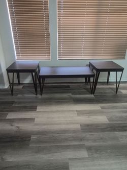 Signature Design by Ashley Bandyn Contemporary Occasional Table Set with Steel Legs, Set of 3, Dark Brown & Metallic