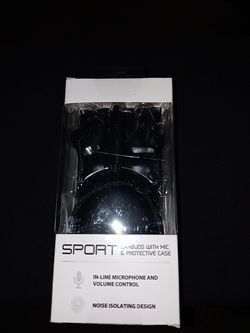 Black earbuds with mic and protective case
