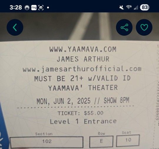 James Arthur Tickets 2 YAAMAVA 8PM