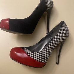 Madden Girl 4 Inch Black/white Houndstooth And Red Accent- Size 9 1/2