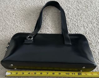 Vintage Oroton Black Smooth Leather Shoulder Bag / East-West Baguette Purse 14"