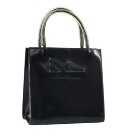 Authentic Rare Salvatore Ferragamo Hand Bag PVC Patent Leather Enamel Black Gold