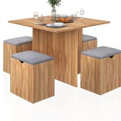 5-Piece Dining Table Set, Small Kitchen Table Set with 4 Stools Compact Space-Saving for Dining Room Kitchen Modern 