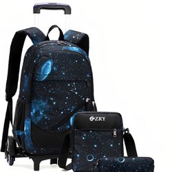 3Pcs Black Galaxy Primary Middle School Bag Rolling Backpack Set for Elem Boys